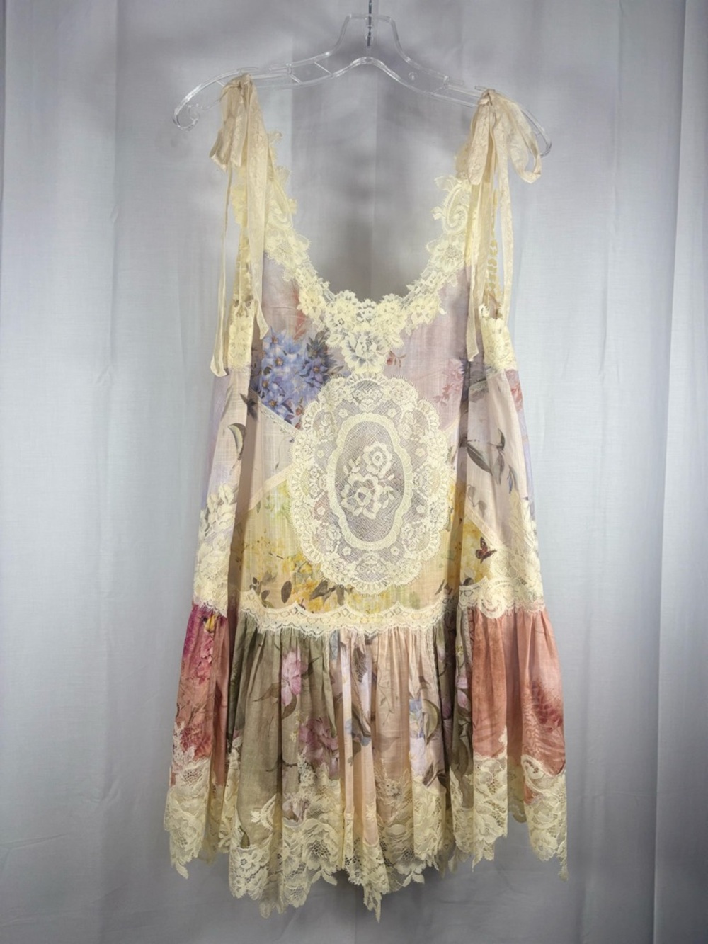 EUC ZIMMERMANN Lace Trim Ivory Tie-Shoulder Babydoll Dress Size 0